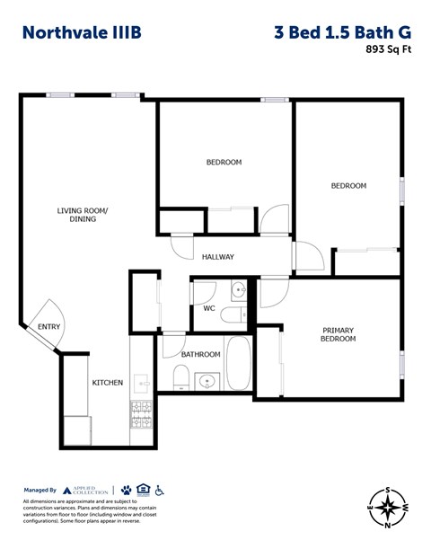 Floor plan for 3 beds, 1.5 baths, 893 sqft